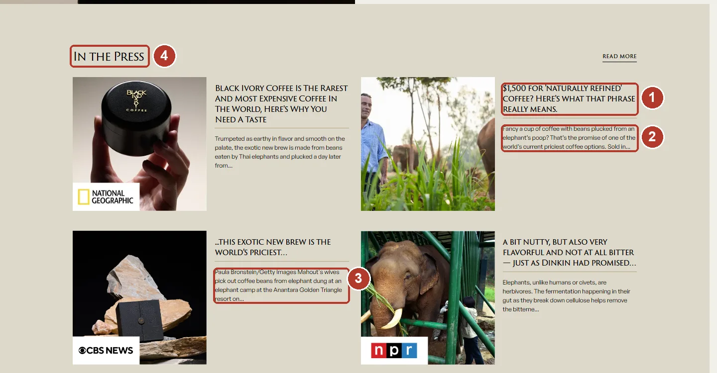 Homepage press section with annotations